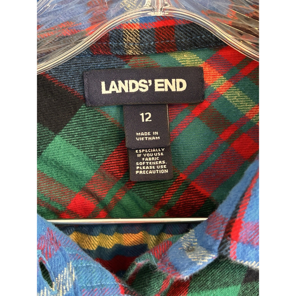 LANDS END Womens Flannel TOP Long Sleeve BLUE Green Red PLAID Size 12 - Picture 3 of 9